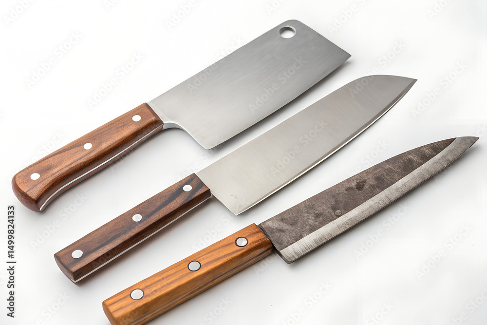 Three kitchen knives with wooden handles on white background Three kitchen knives with wooden handles on white background