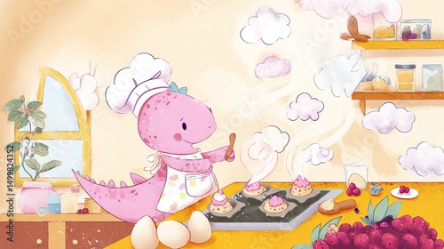 Pink dinosaur baker decorating cupcakes in a whimsical kitchen scene
