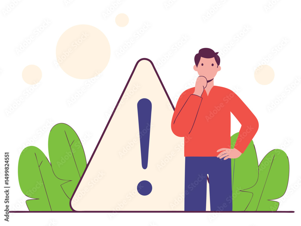 Fototapeta premium Man Contemplating Warning Sign Vector Illustration