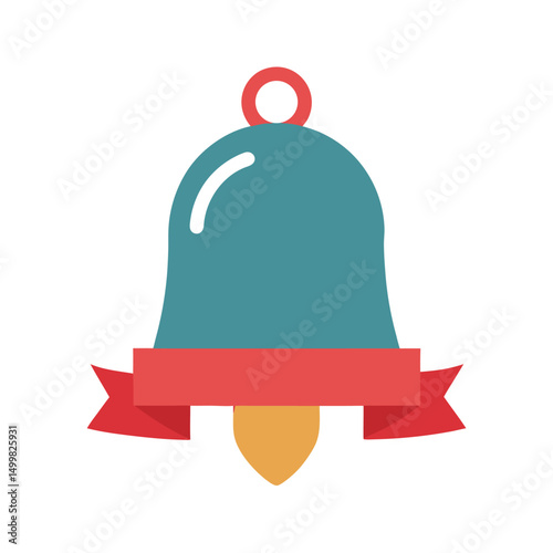 Colorful flat design illustration of a christmas bell with festive banner and decorative elements