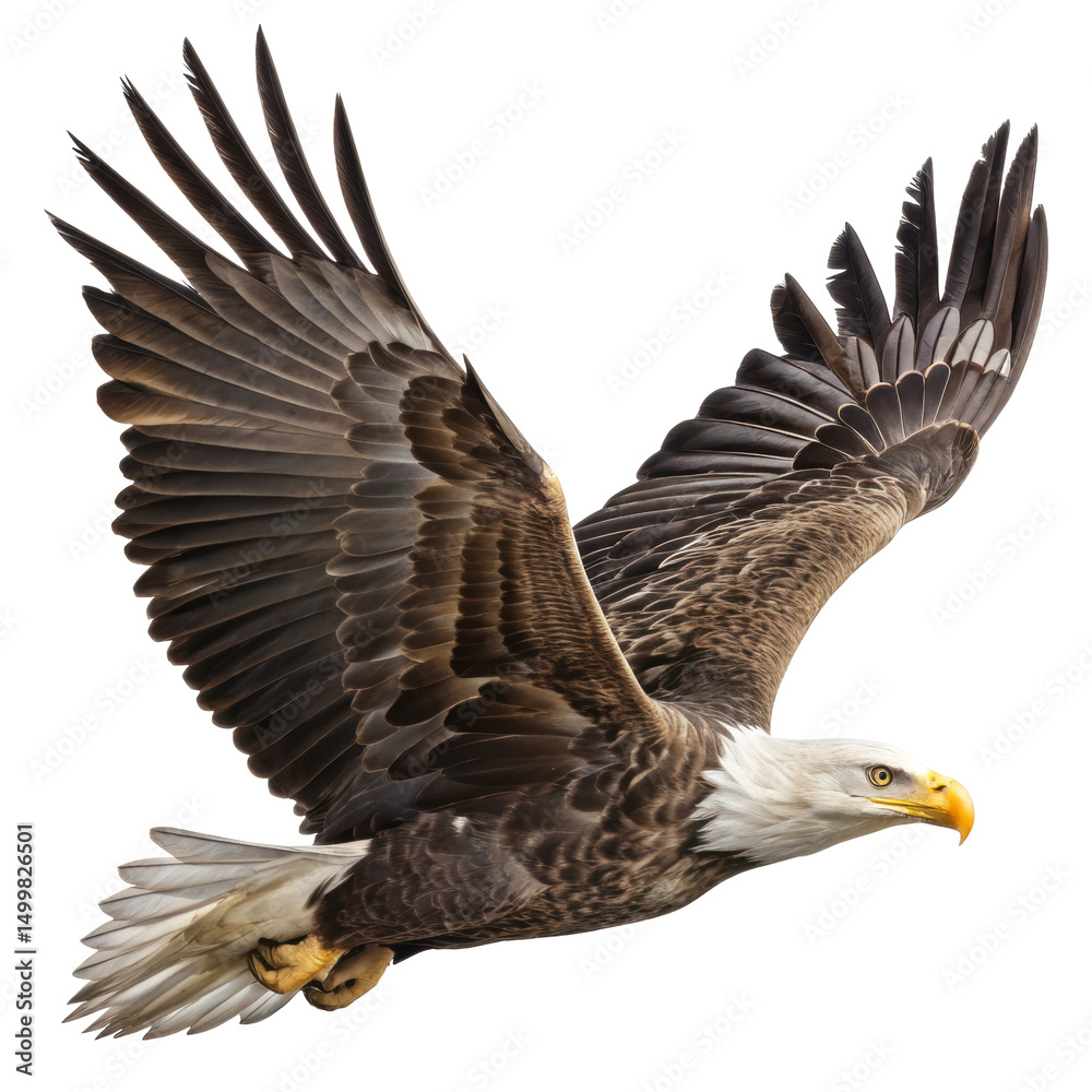 Obraz premium Soaring eagle with spread wings flying powerfully in sky, showing wild freedom and strength