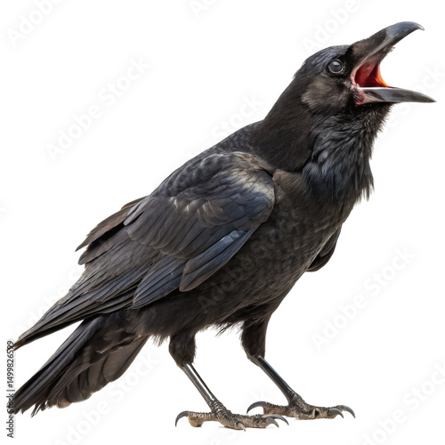 Black crow with open beak standing and calling with detailed feathers and claws