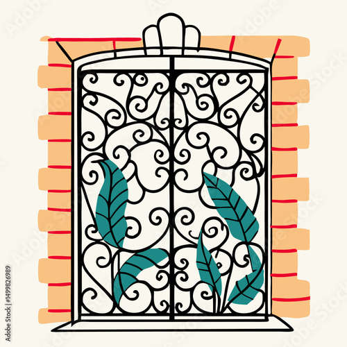Ornate Wrought Iron Gate with Leaves, Brick Wall Background