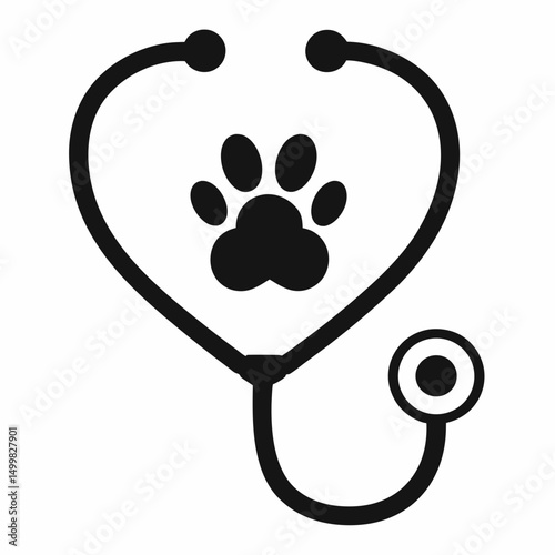 Veterinary Paw with Stethoscope Heart Vector Logo.