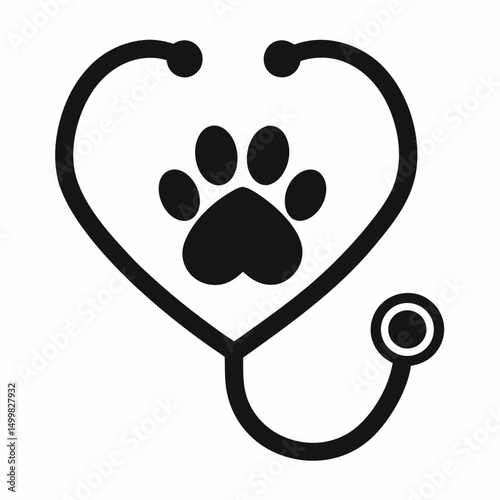 Veterinary Paw with Stethoscope Heart Vector Logo.