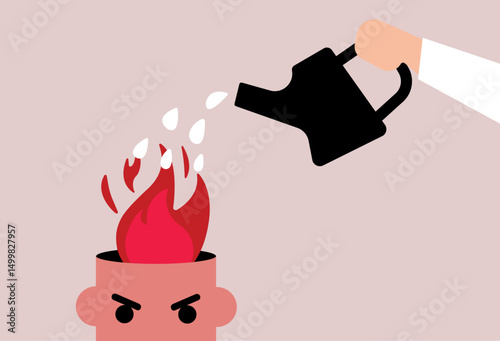 Hand putting off fire in head with water pot, anger management concept illustration