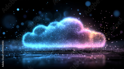 Digital cloud with glowing particles and neon lights