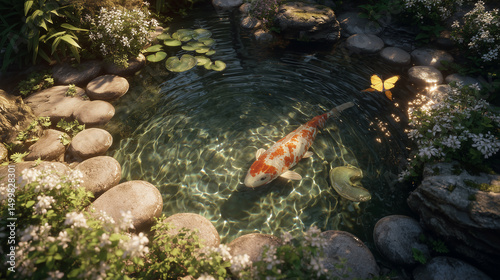 Crystal-clear water with koi and rocks
