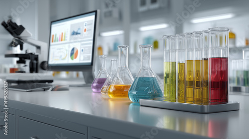 Chemical laboratory interior with beakers and charts