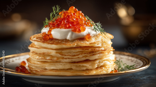 Caviar-topped pancakes in fine dining style