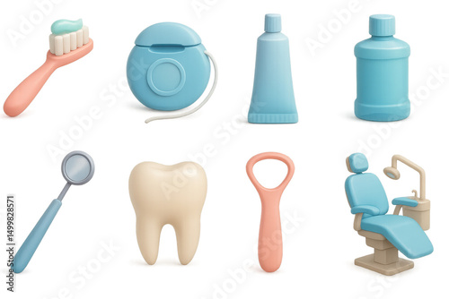 Dental essentials 3d set: oral hygiene, toothbrush, toothpaste icons in 3d style