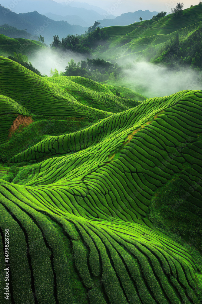 Fototapeta premium Tea plant with fresh lush leaves in plantation farm land in Spring.