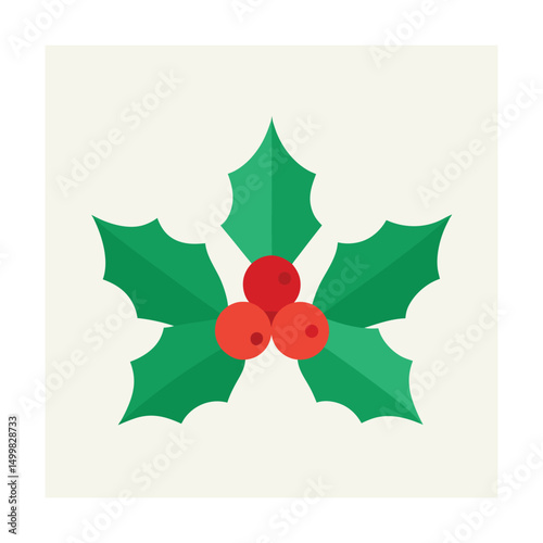 Flat design illustration of a festive holly plant with red berries on neutral background