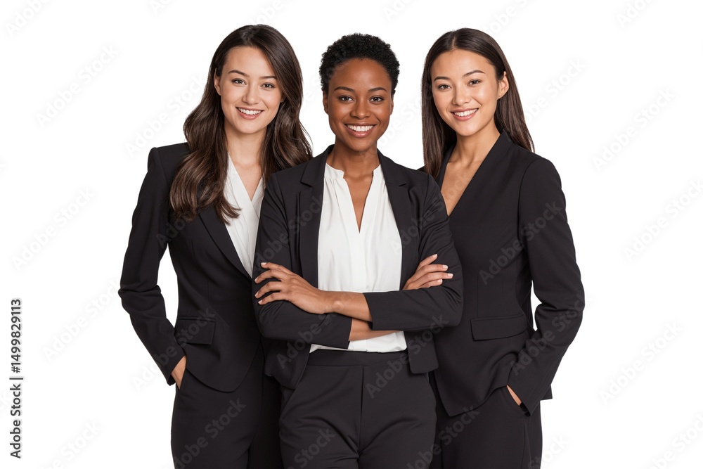 Three confident businesswomen in formal black suits smiling and standing together, showcasing teamwork, professionalism, and unity Three confident businesswomen in formal black suits smiling and standing together, showcasing teamwork, professionalism, and unity