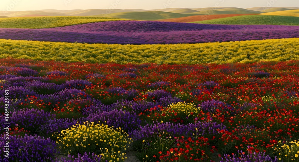 Fototapeta premium Rolling hills with flower fields in spring – golden hour