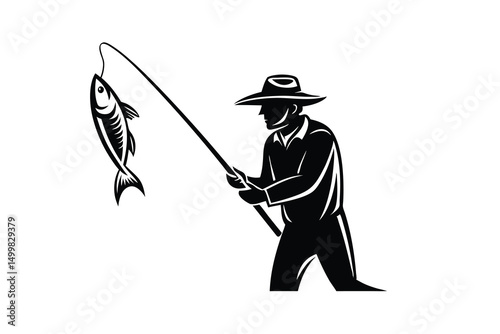 Fisherman silhouette catching large fish with rod