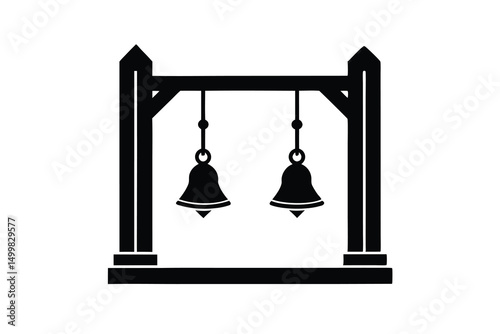 Two bells hanging on a wooden structure silhouette