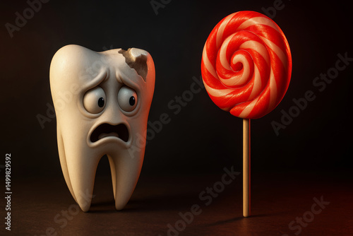 Chipped 3D tooth looking at a lollipop with fear. Sugar danger and tooth decay awareness.