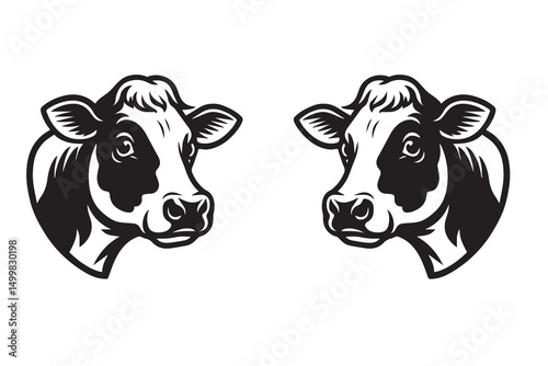 Silhouette cow livestock, farm logo bundle. Black and white cartoon dairy cow illustration, isolated farm animal vector