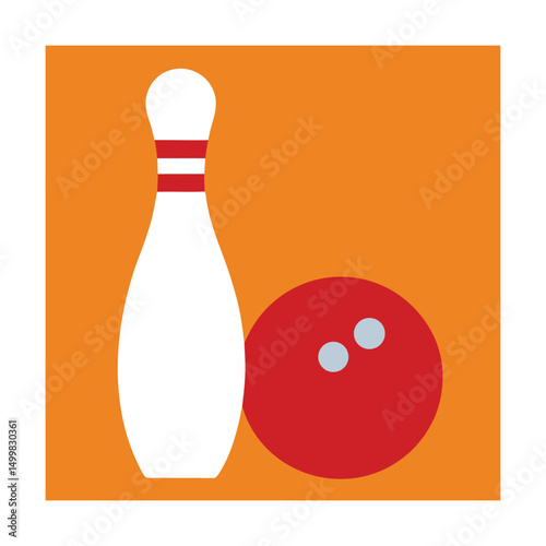 Illustrated bowling pin and red ball on an orange background representing the sport of bowling