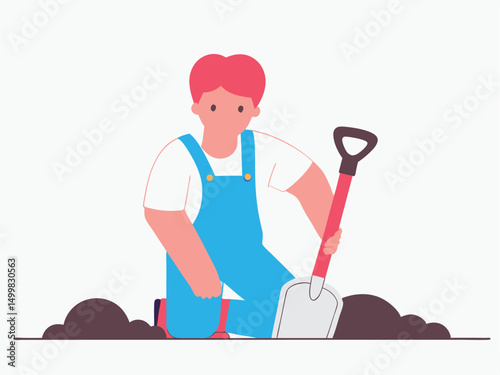 Boy Kneeling with Shovel Ready to Dig in Garden Vector Illustration