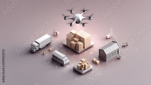 Futuristic Delivery System Concept with Drone, Trucks, and Warehouse Illustration