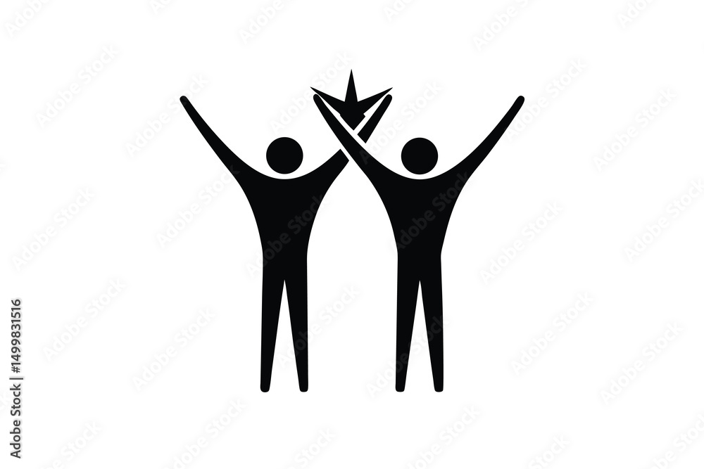 Fototapeta premium Two silhouettes celebrating success teamwork achievement