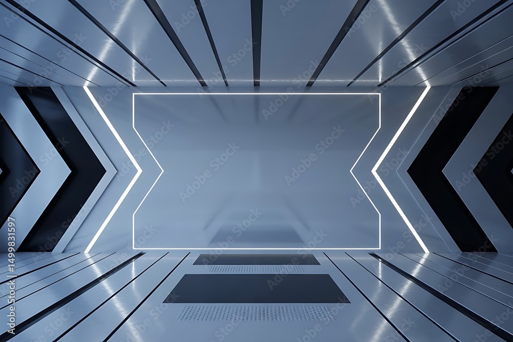 Fototapeta premium Futuristic, Metallic Corridor with Empty Display Area