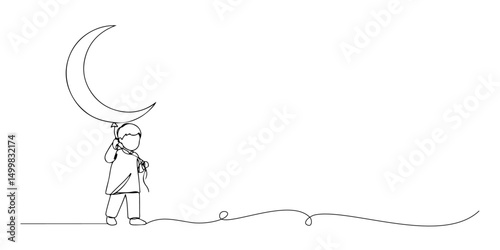 A continuous line drawing of a small child carrying a crescent-shaped balloon, representing the joy of children during the Islamic holy days, Eid al-Fitr, Eid al-Adha, Maulid Nabi, Isra Miraj