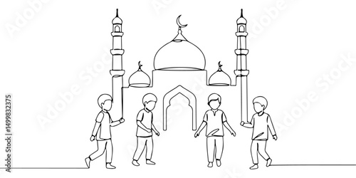A continuous line drawing of children playing in the courtyard of a mosque after Eid prayers, representing the joy and atmosphere of Eid al-Adha, the Islamic holy day, Eid al-Adha, Eid al-Fitr