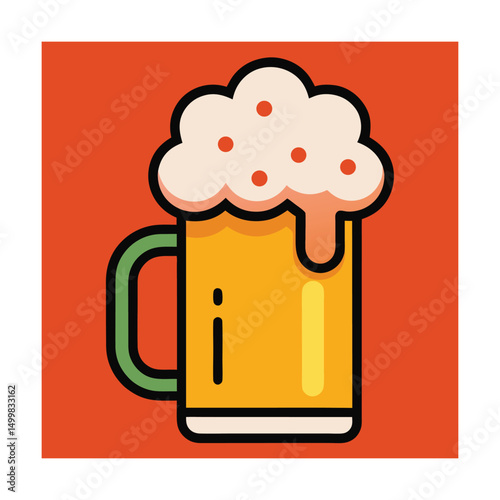 Vector illustration of a full beer mug with frothy head on a vibrant orange background