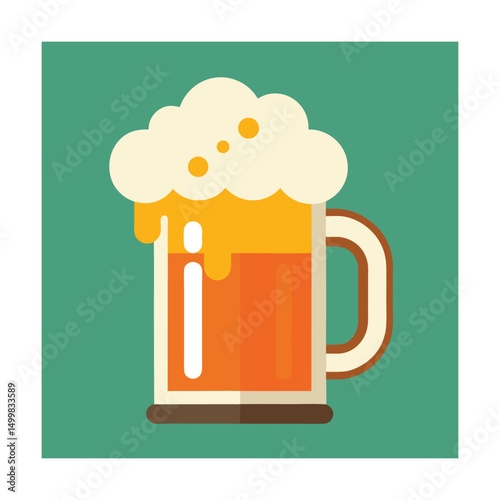 Cartoonish illustration of a beer mug full of amber ale with a creamy head on green background