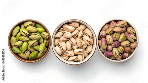Overhead shot of three bowls filled with different varieties of shelled and opened fresh pistachios isolated on a white background