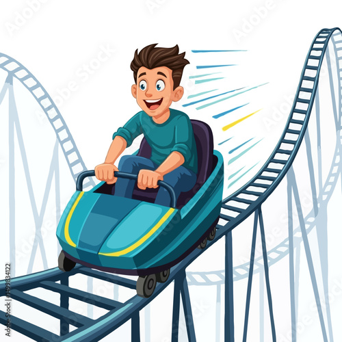 Vector Illustration of Happy Excited Teenage Boy Riding Rollercoaster Racing Along Rails in Amusement Park