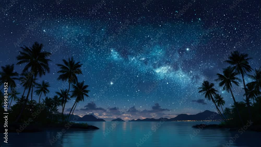 Tropical beach with palm trees and starry night sky reflecting over calm ocean under Milky Way
