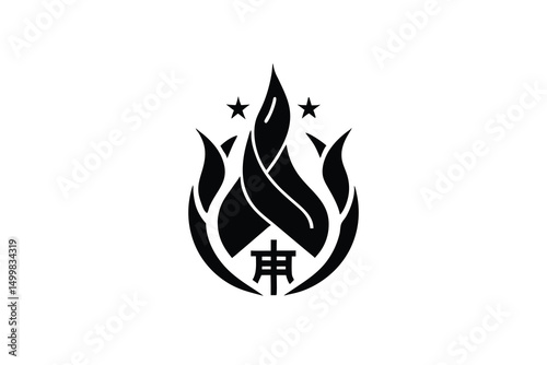 Elegant black silhouette logo design with flames and stars