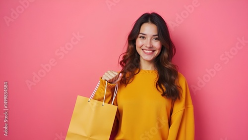 Smiling Shopper's Delight: A radiant young woman, her warm smile brightens the scene as she holds a shopping bag. The simple pink backdrop accentuates her joy, capturing the pure pleasure of shopping.
