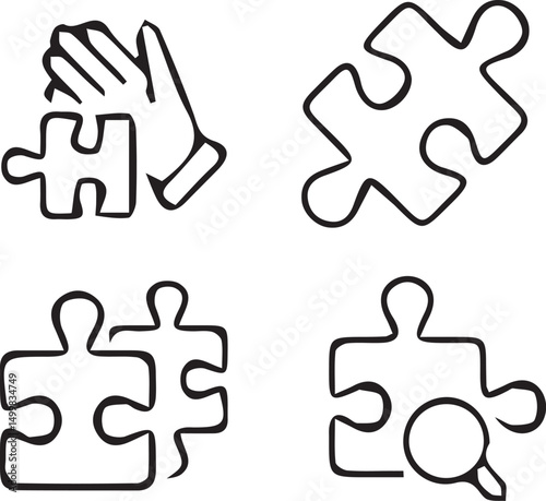 Puzzle Solution Illustration: A creative illustration representing different puzzle piece arrangements and interaction. Expressing ideas of collaboration, finding solutions, connection.