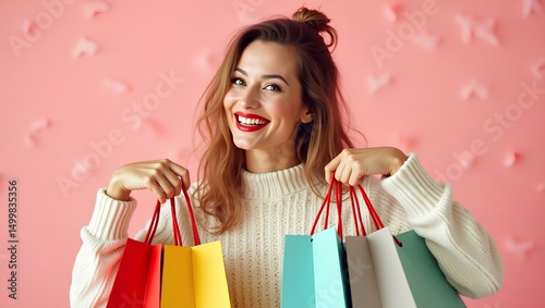 Smiling Shopper: A stylish individual beams with delight as they showcase colorful shopping bags, exuding pure joy and the thrill of retail therapy.