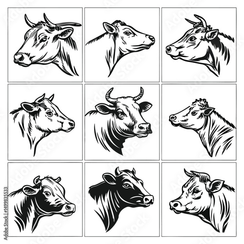 Vintage Cow Head Illustrations Set – Hand Drawn Farm Animal Sketches in Black and White