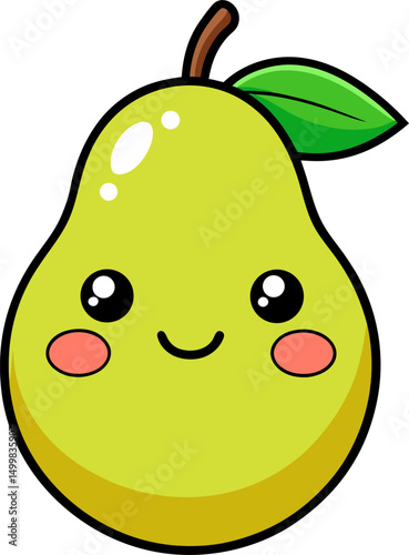 Cute pear character with happy eyes and rounded shape in simple cartoon vector for fruit graphics or print