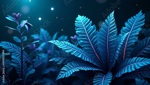 Mystical Blue Foliage: A mesmerizing depiction of vibrant blue plants, their intricate leaf structures illuminated against a dark backdrop, evoke a sense of ethereal tranquility. 