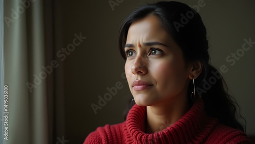 Woman Contemplating: A young woman with dark hair, wearing a red turtleneck sweater, gazes pensively out a window, lost in thought.  Her expression is one of contemplation and introspection.