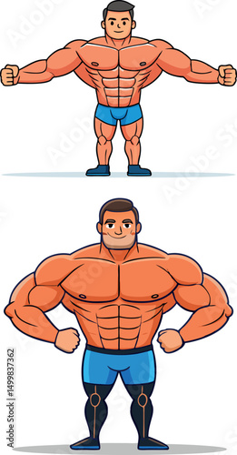 Muscular Man Cartoon Illustrations Bodybuilder Poses