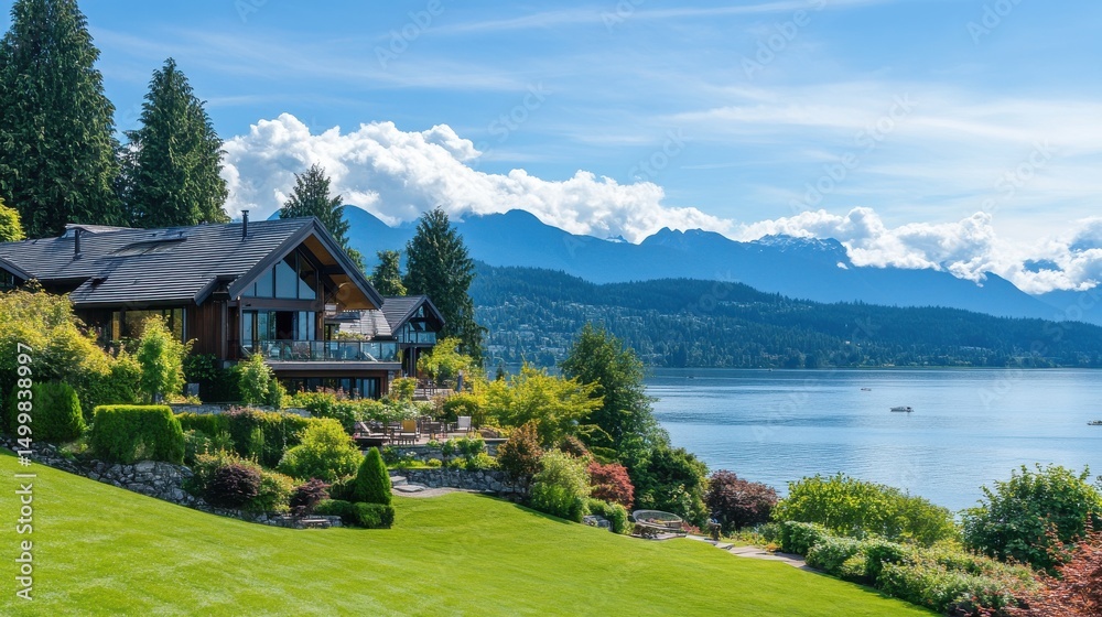 Fototapeta premium Two story luxury house with beautiful summer landscape in Vancouver, Canada, North America. Day time on June 2024.