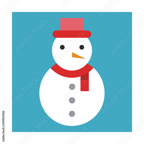A festive illustration of a smiling snowman with red scarf and top hat in wintertime
