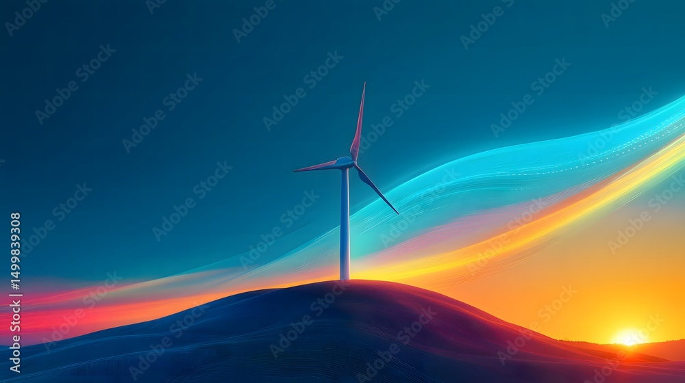 Fototapeta premium Wind Turbine on a Hill at Sunset Generates Clean Energy for a Sustainable Future