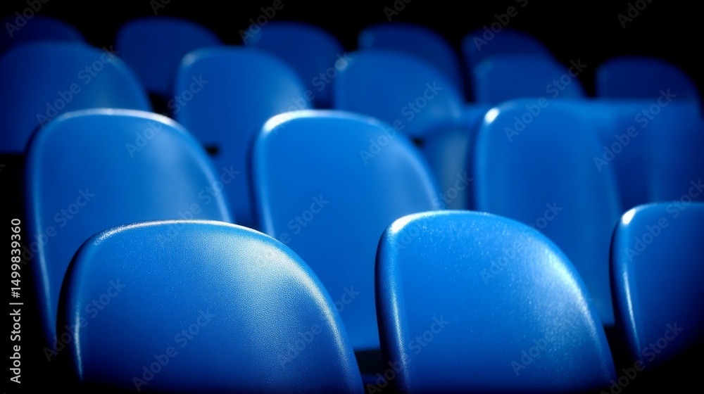 Fototapeta premium Empty blue chairs arranged in a row, creating a calm and organized seating area