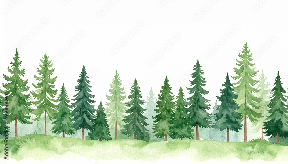 Obraz premium Watercolor woodland background with tiny trees.