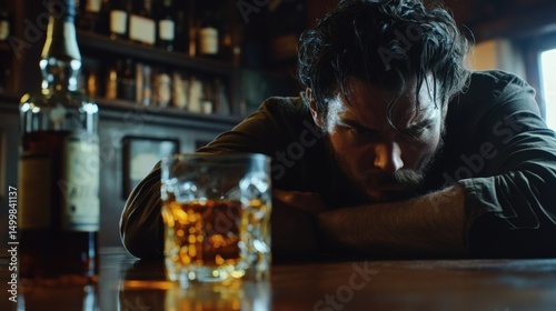 Depressed Man Sitting at Table with Whiskey Bottle and Glass photo